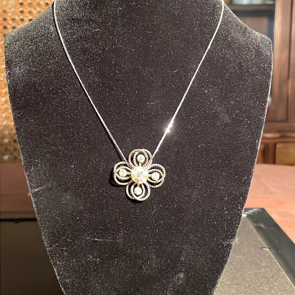 Vintage Repurposed Floral Crystal Pendant Necklace, Aurora Borealis